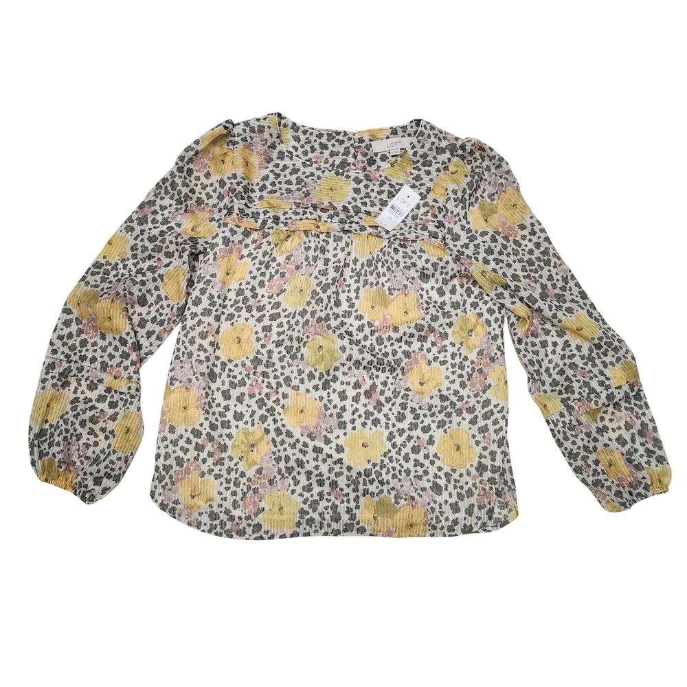 LOFT Womens XS Floral Leopard Print Metallic Lurex Long Sleeve Blouse NWT